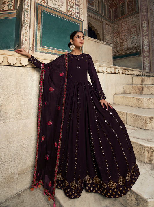 Purple Georgette Embroidered Gown features thread and sequins