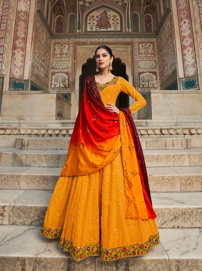 Elegant Orange and Red Georgette gown with delicate thread and sequin embellishments