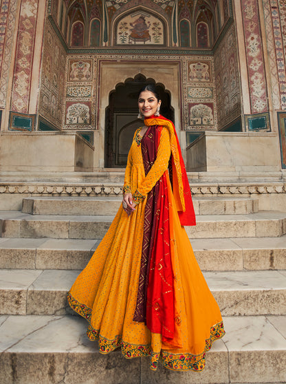 Elegant Orange and Red Georgette gown with delicate thread and sequin embellishments