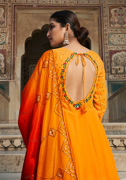 Elegant Orange and Red Georgette gown with delicate thread and sequin embellishments