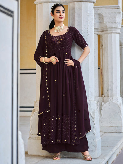 Mesmerizing Wine Seqined Georgette Marriage Wear Palazzo Suit