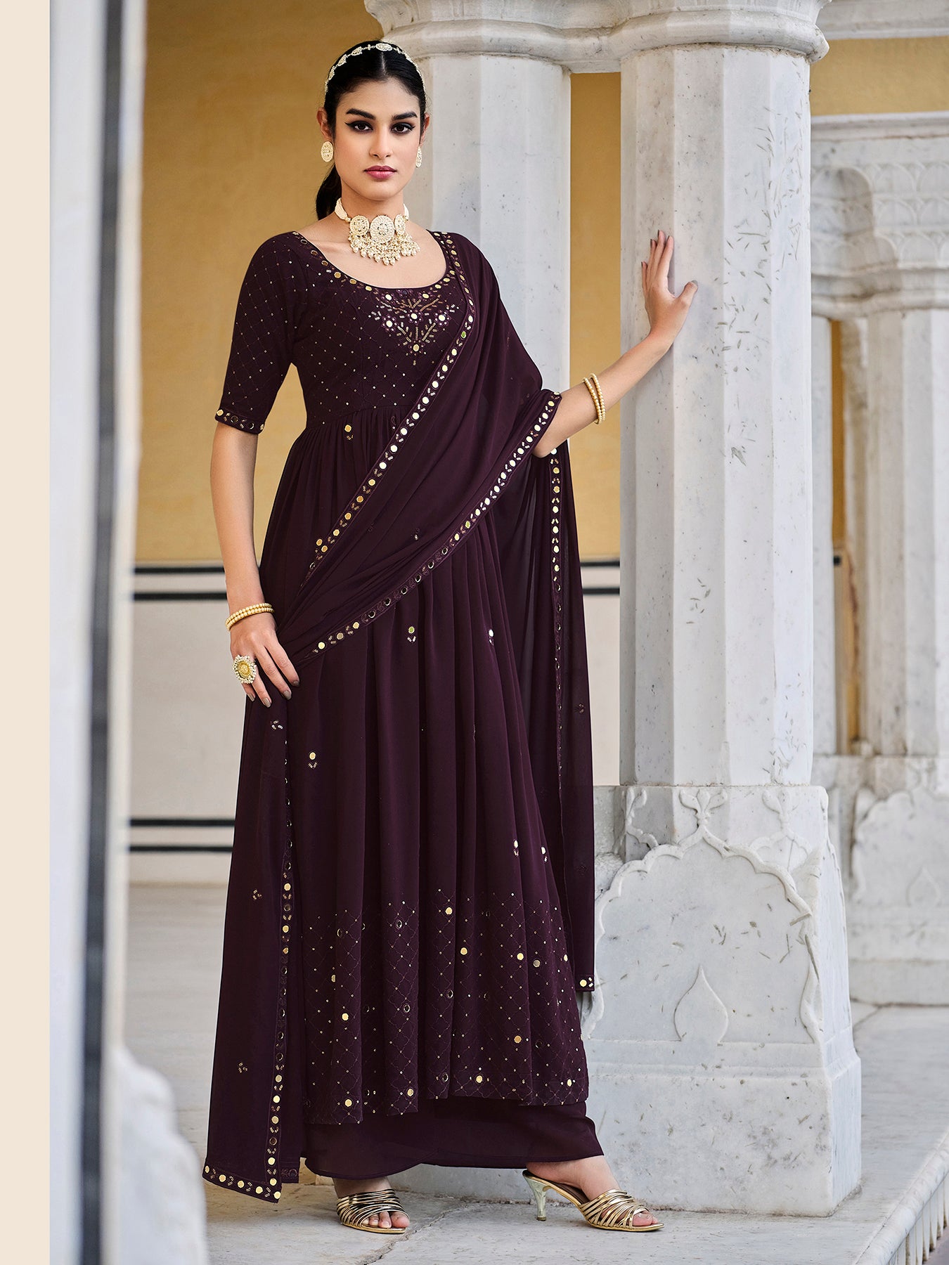 Mesmerizing Wine Seqined Georgette Marriage Wear Palazzo Suit