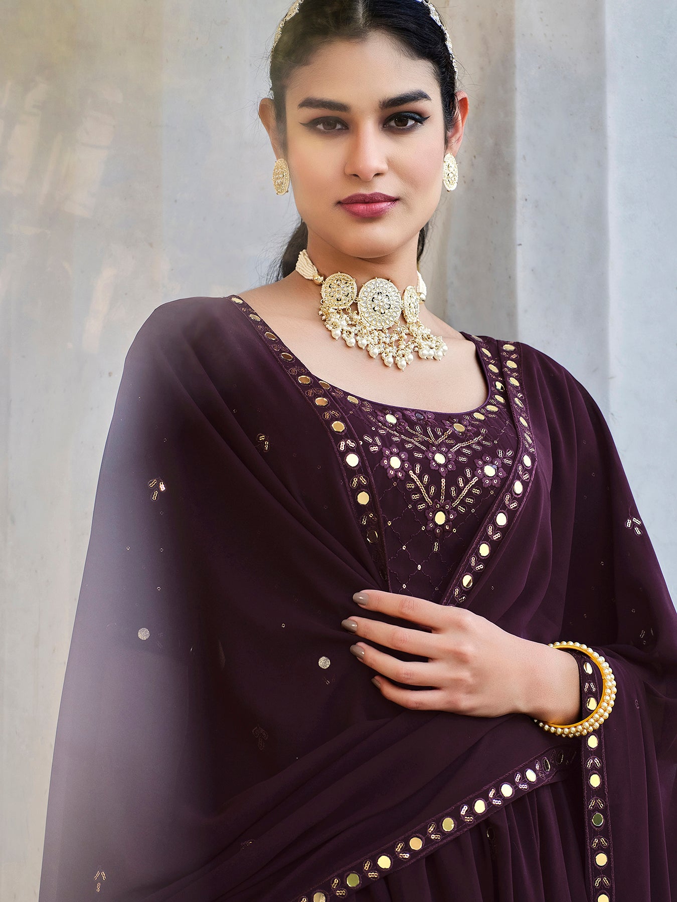 Mesmerizing Wine Seqined Georgette Marriage Wear Palazzo Suit