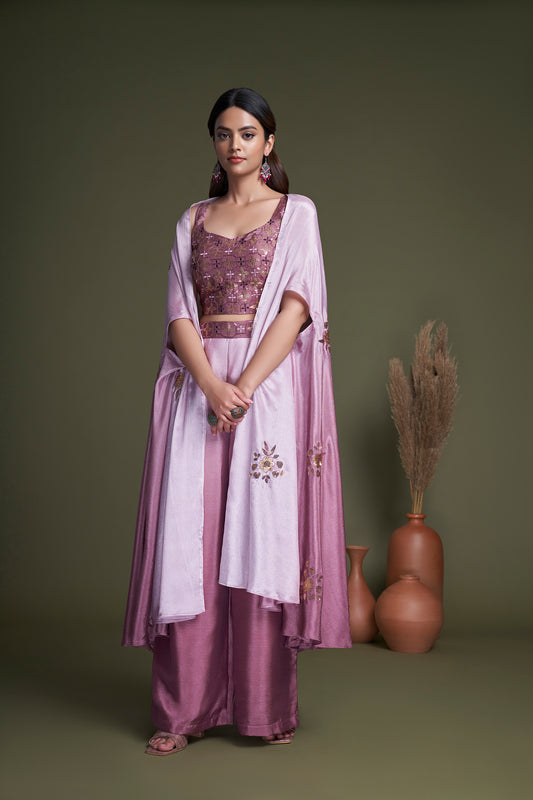 Pink Chinon Festive Wear Regular Fit Koti With Palazzo Collection