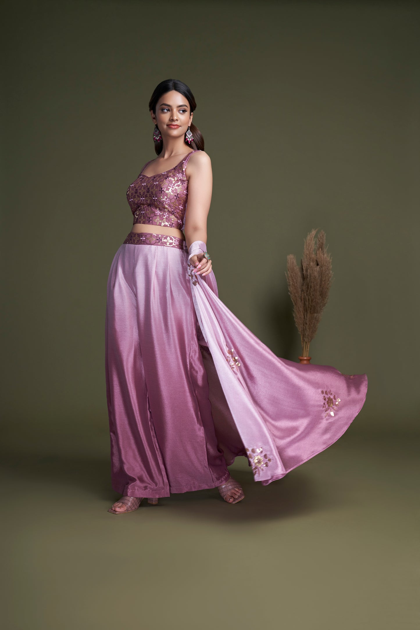 Pink Chinon Festive Wear Regular Fit Koti With Palazzo Collection