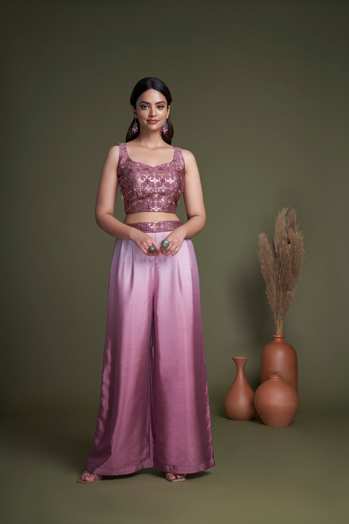 Pink Chinon Festive Wear Regular Fit Koti With Palazzo Collection