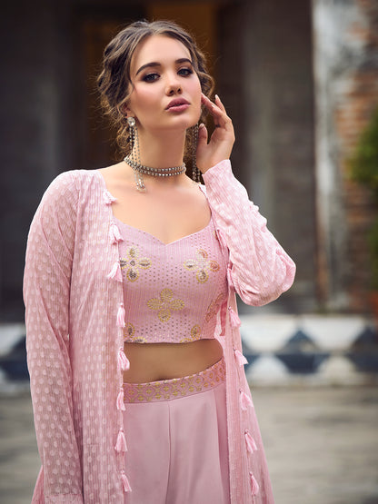 Dusty Pink Self Weaving Design Georgette Three Piece Co-Ord Set