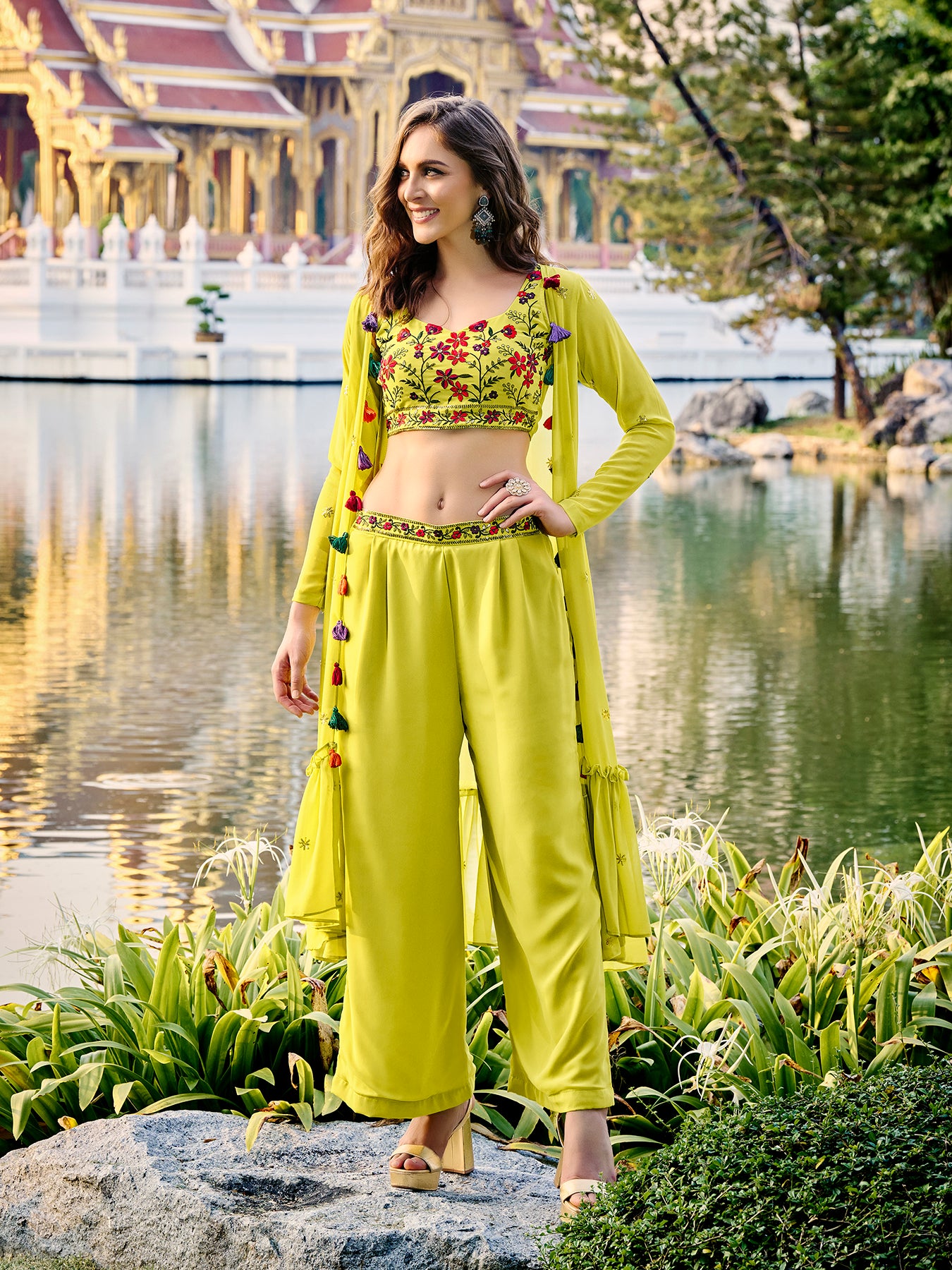 Lime green embroidered jacket paired with sleek matching pants Co-Ord set