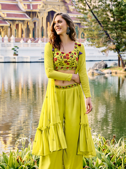 Lime green embroidered jacket paired with sleek matching pants Co-Ord set