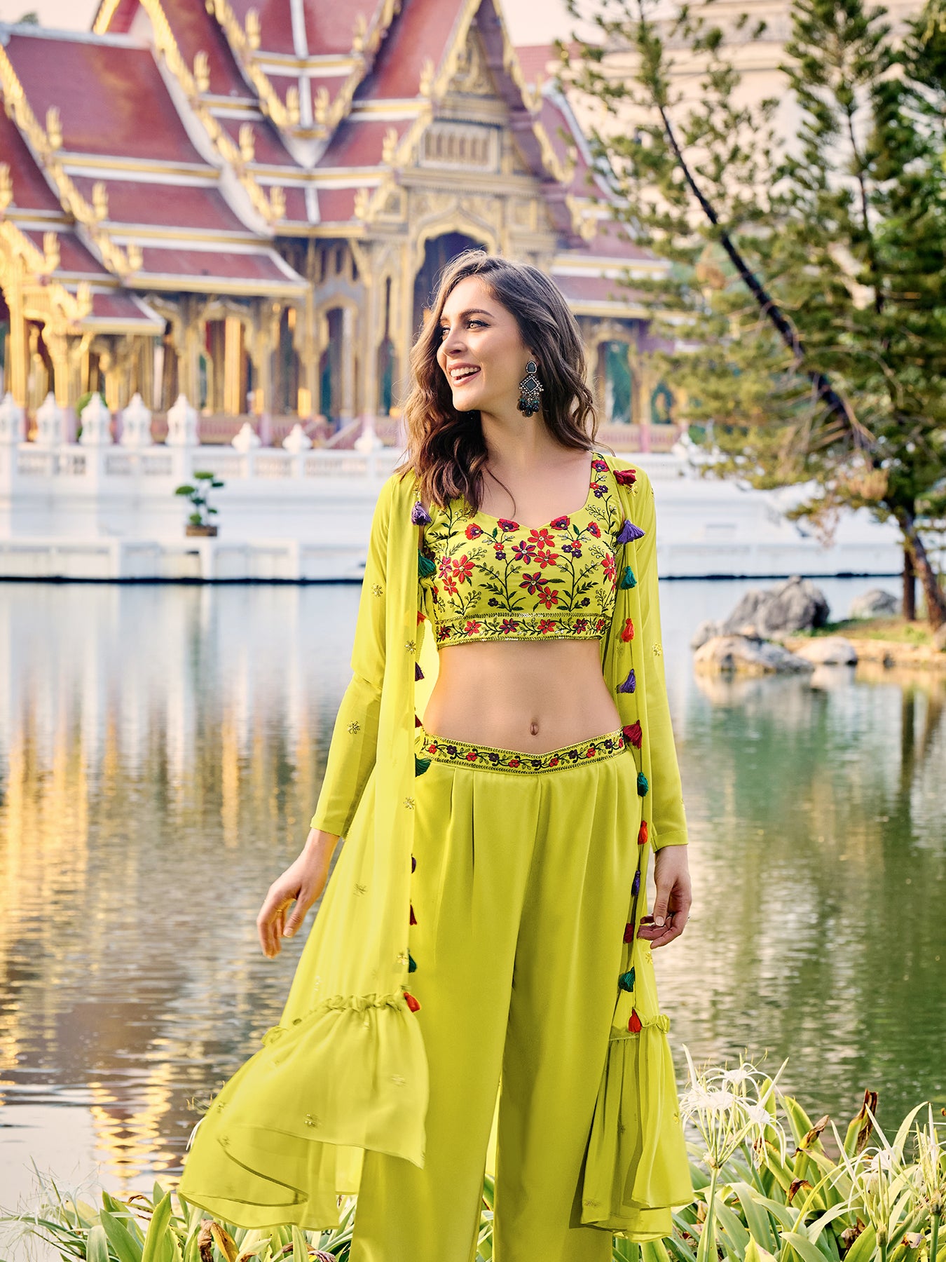 Lime green embroidered jacket paired with sleek matching pants Co-Ord set