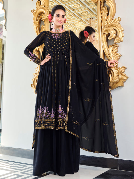 Dark Blue Georgette Kurta Palazzo Set features thread and  embroidery