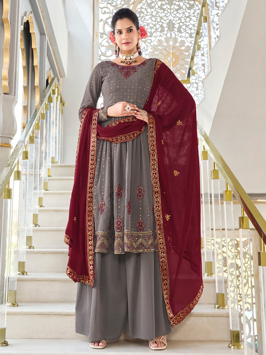 Grey Georgette Kurta Palazzo Set features thread and embroidery