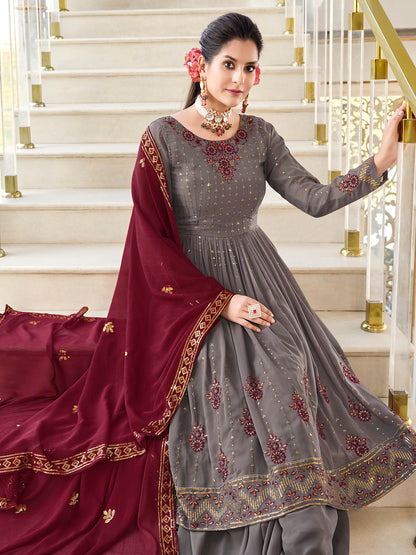 Grey Georgette Kurta Palazzo Set features thread and embroidery