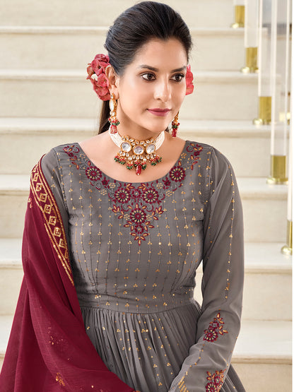 Grey Georgette Kurta Palazzo Set features thread and embroidery