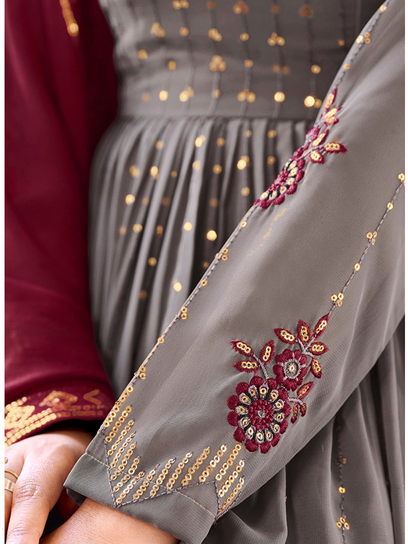 Grey Georgette Kurta Palazzo Set features thread and embroidery