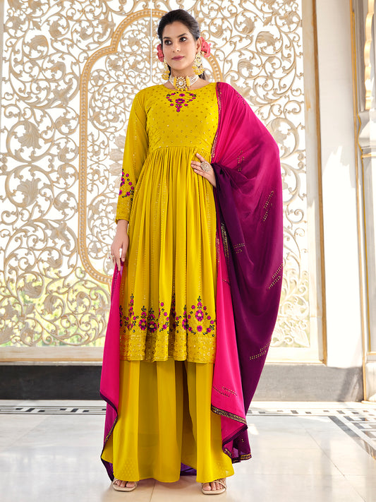 Yellow and Purple Georgette Kurta Palazzo Set features thread and embroidery