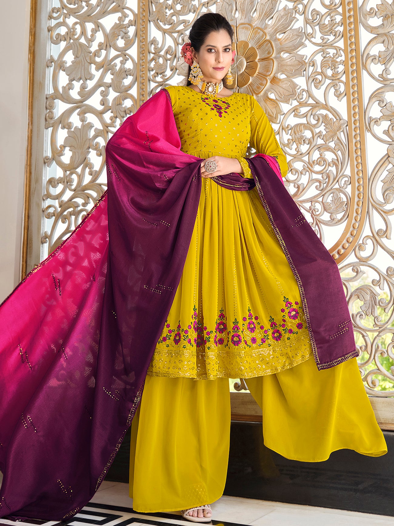 Yellow and Purple Georgette Kurta Palazzo Set features thread and embroidery