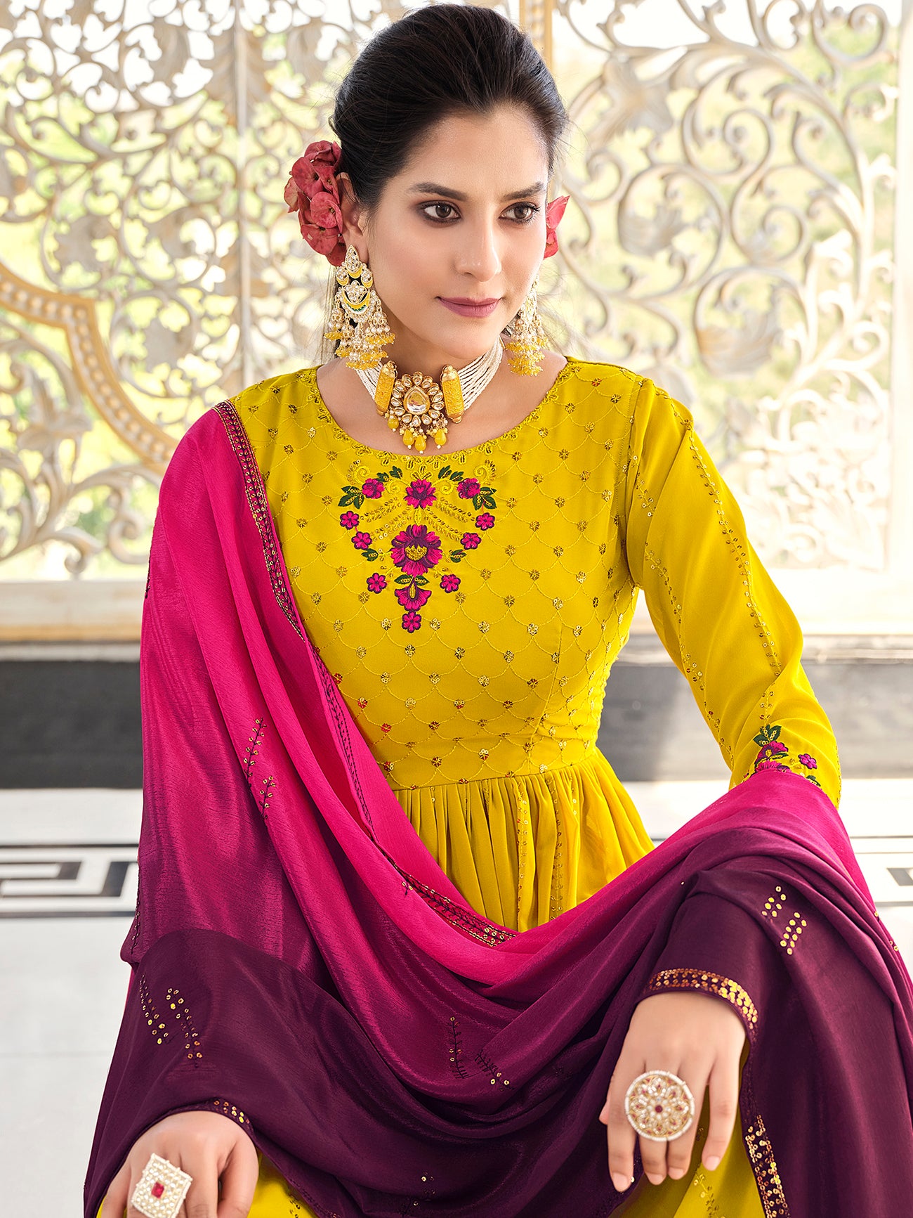 Yellow and Purple Georgette Kurta Palazzo Set features thread and embroidery