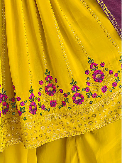 Yellow and Purple Georgette Kurta Palazzo Set features thread and embroidery