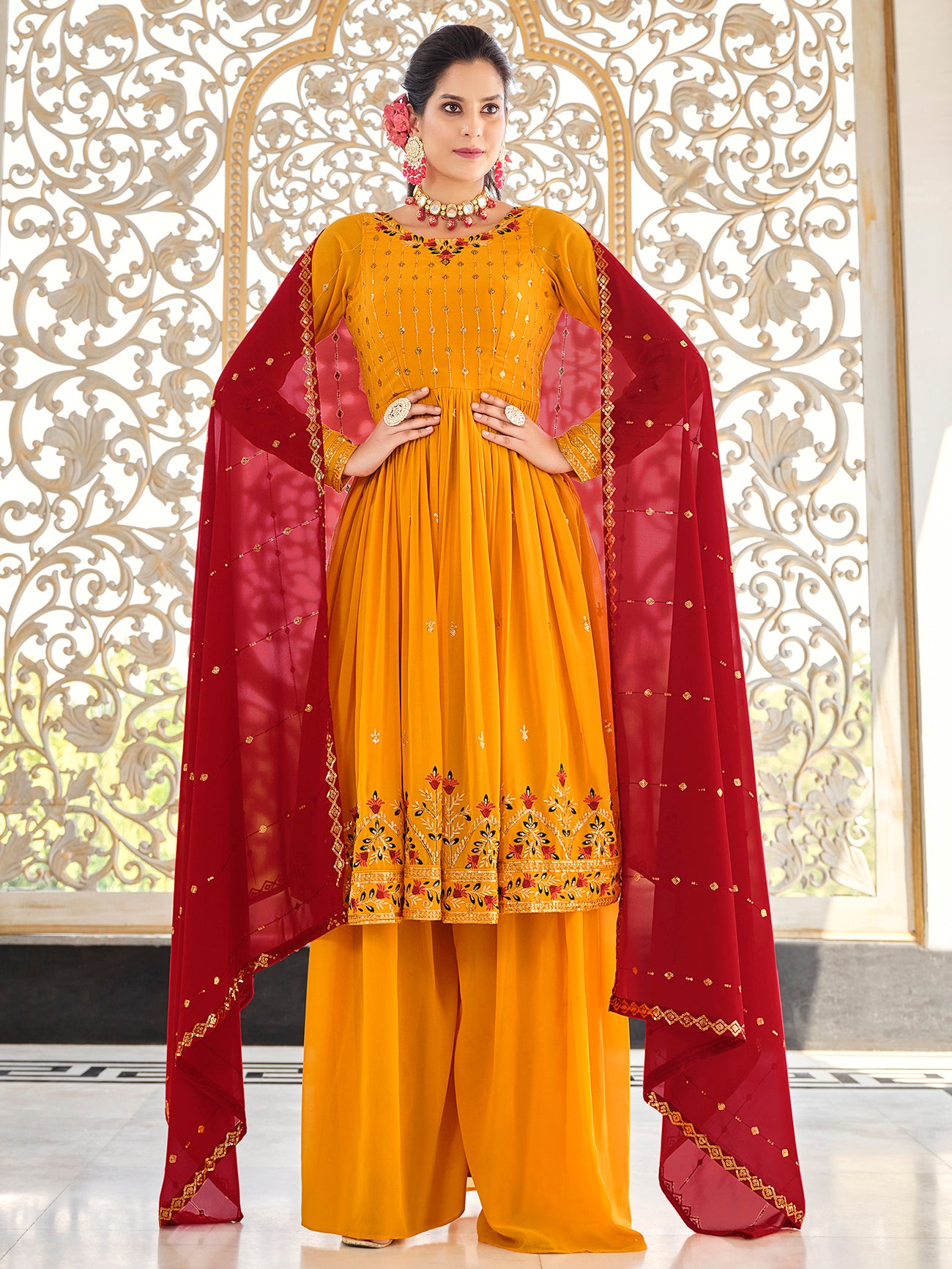 Mustard Yellow Georgette Kurta Palazzo Set features thread and embroidery