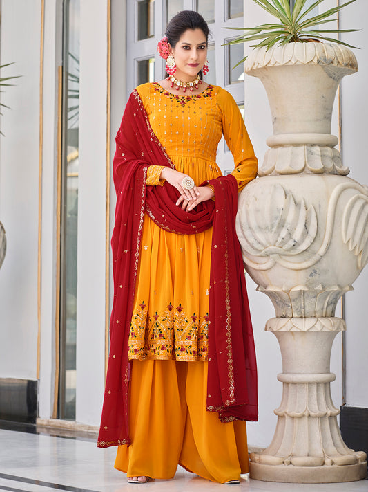 Mustard Yellow Georgette Kurta Palazzo Set features thread and embroidery