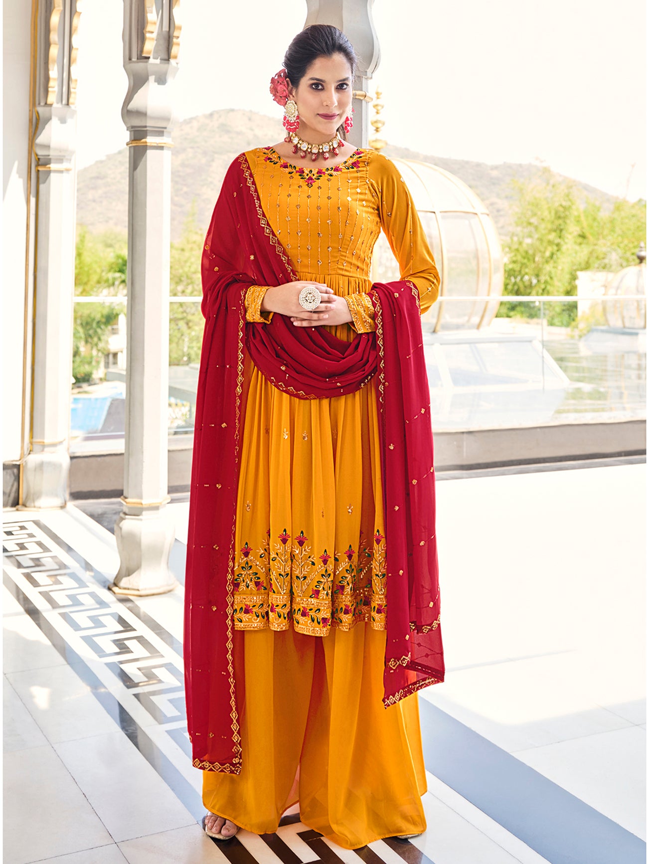 Mustard Yellow Georgette Kurta Palazzo Set features thread and embroidery