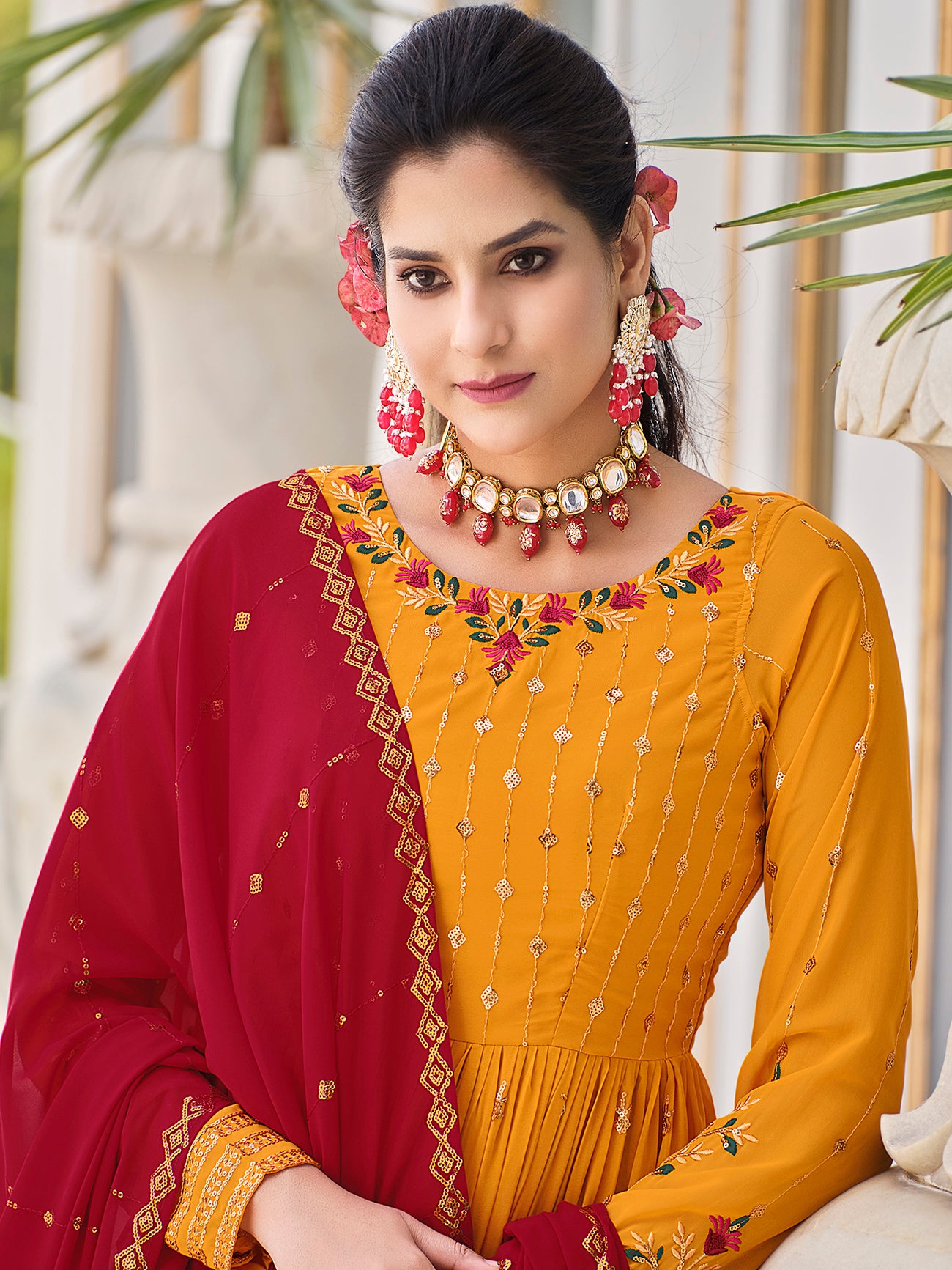 Mustard Yellow Georgette Kurta Palazzo Set features thread and embroidery