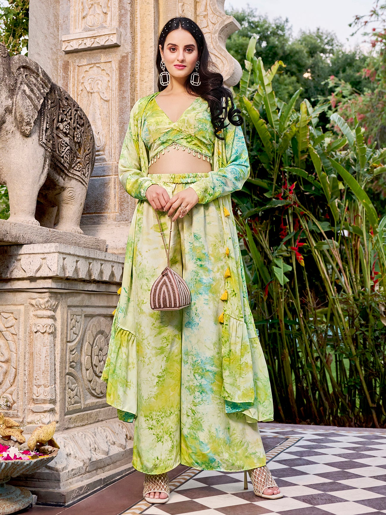 Floracance Green Silk Print Co-Ord Set includes a top, palazzo, and jacket