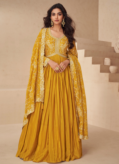 Mustard Yellow Chinnon Silk Embroidery Anarkali Gown with Dupatta for Indian Festival and Pakistani Wedding - Thread Work