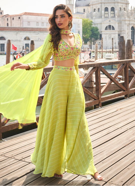 Lime Yellow Bridesmaid Palazzo Suit in Pure Viscose with Embroidery