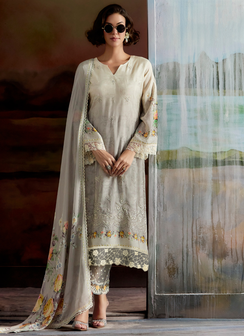 Grey Muslin Suit for Pakistani Wedding & Indian Festival – Embroidered with Dupatta