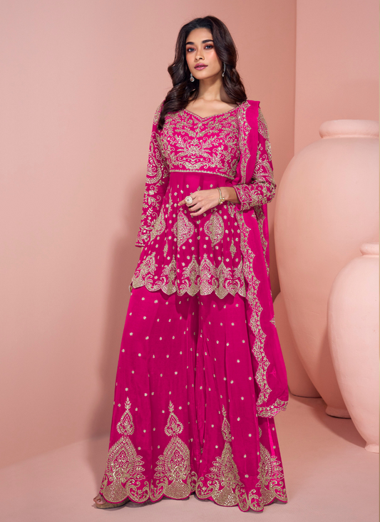 Pink Georgette Long Sleeves Sharara Suit with Dupatta for Indian Festival and Pakistani Wedding