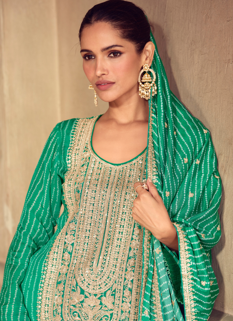 Bottle Green Chinon Sharara Suit with Dupatta for Indian Wedding and Pakistani Festival