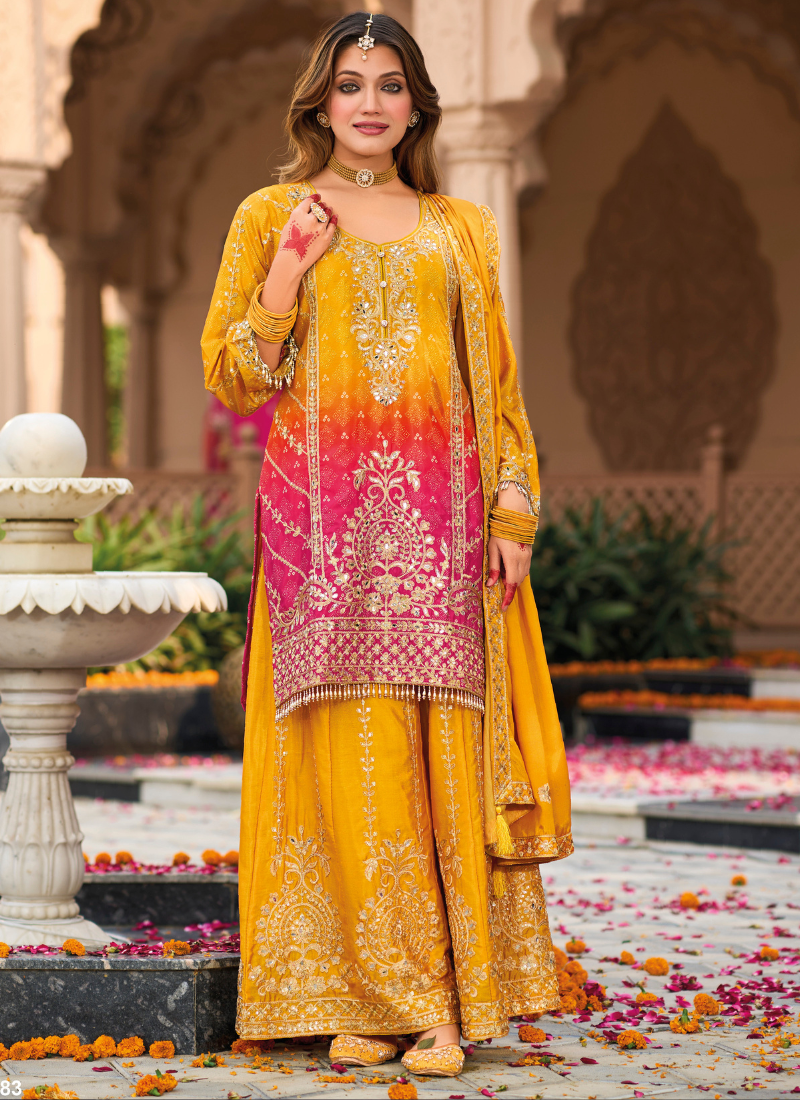 Buy Yellow and Orange Embroidered Salwar Kameez with Palazzo and Net Dupatta for Eid, Pakistani and Indian Festivals