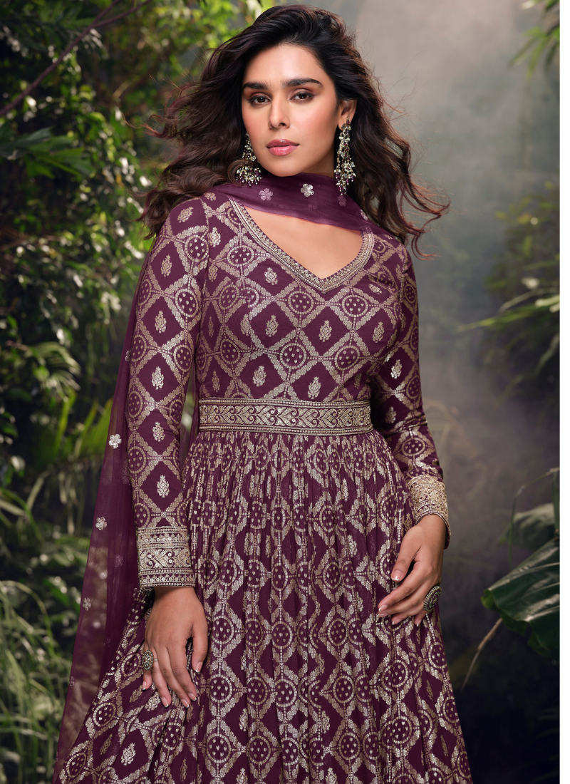 Wine Jacquard Silk Embroidered Anarkali Gown with Dupatta for Indian Wedding and Pakistani Festival