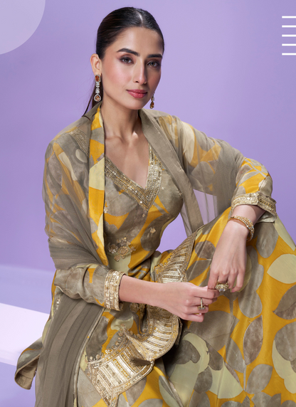 Yellow and Grey Chinon Silk Palazzo Suit For Indian Wedding and Pakistani Festival