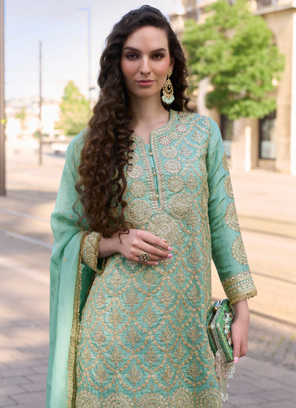 Sea Green Simar Silk Salwar Suit with Dupatta for Indian Wedding and Pakistani Festival