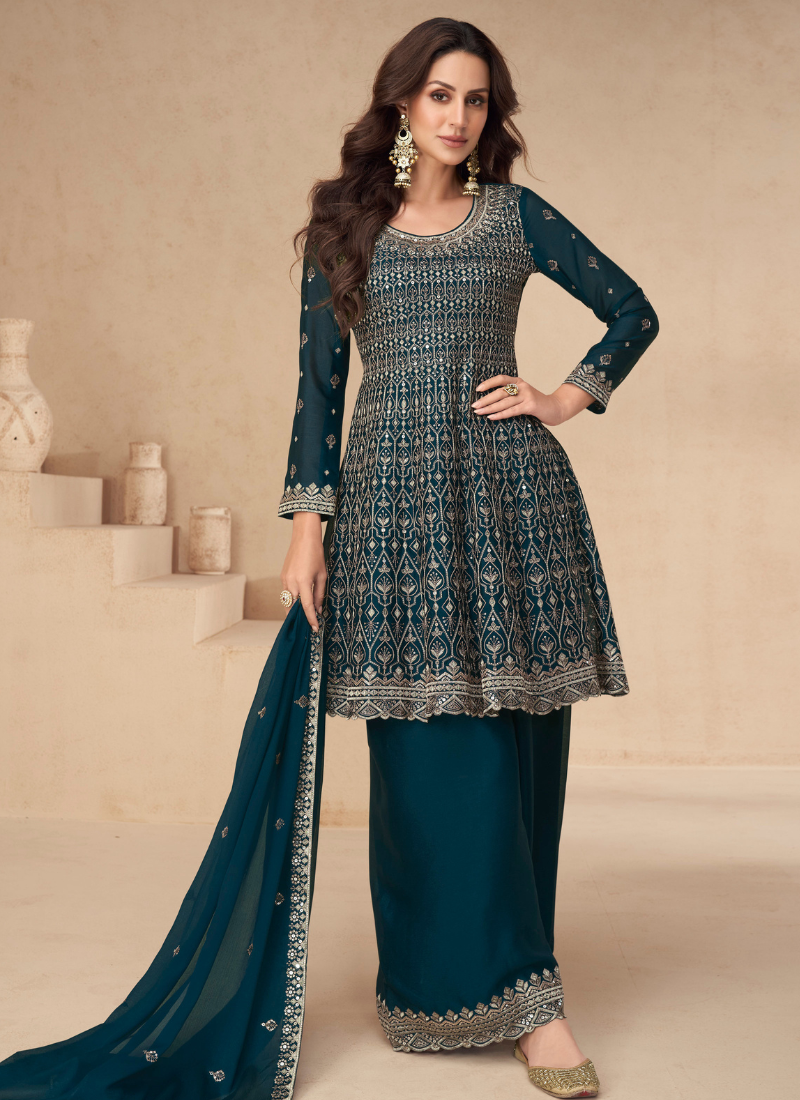 Turquoise Chinnon Silk Sharara Suit with Dupatta -Perfect for Indian Wedding & Pakistani Festival