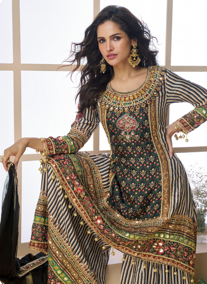 Black & Gold Viscose Crepe Silk Embroidered Sharara Suit with Zari & Gota Patti