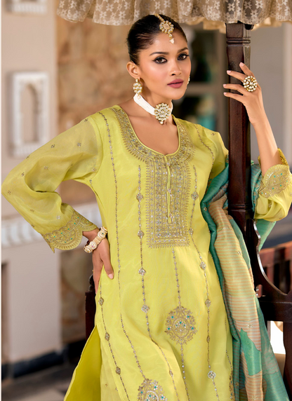 Lime Green Simar Embroidered Sharara Suit with Dupatta for Panjabi Weddings
