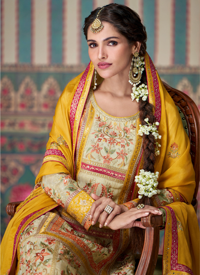 Cream and Yellow Chinnon Embroidered Kameez with Palazzo and Dupatta  -Perfect for Indian Wedding & Pakistani Festival