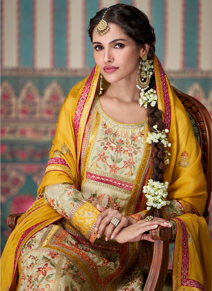 Cream and Yellow Chinnon Embroidered Kameez with Palazzo and Dupatta  -Perfect for Indian Wedding & Pakistani Festival