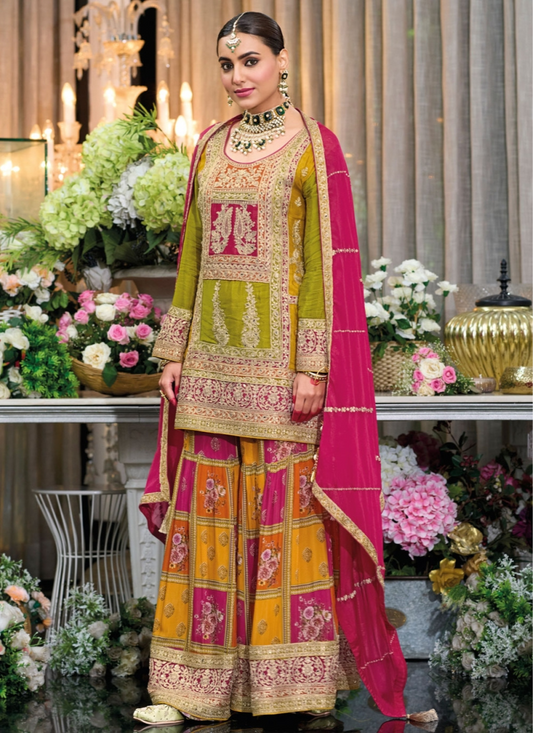 Buy online Green and Pink Embroidered Chinnon Sharara Suit with Dupatta