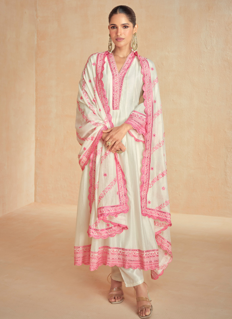 Off White Silk Anarkali Suit with Pink Embroidery and Dupatta