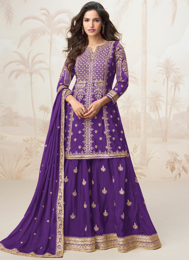 Purple Chinon Silk Embroidered Sharara Suit with Dupatta – Indian Pakistani Festival Outfit