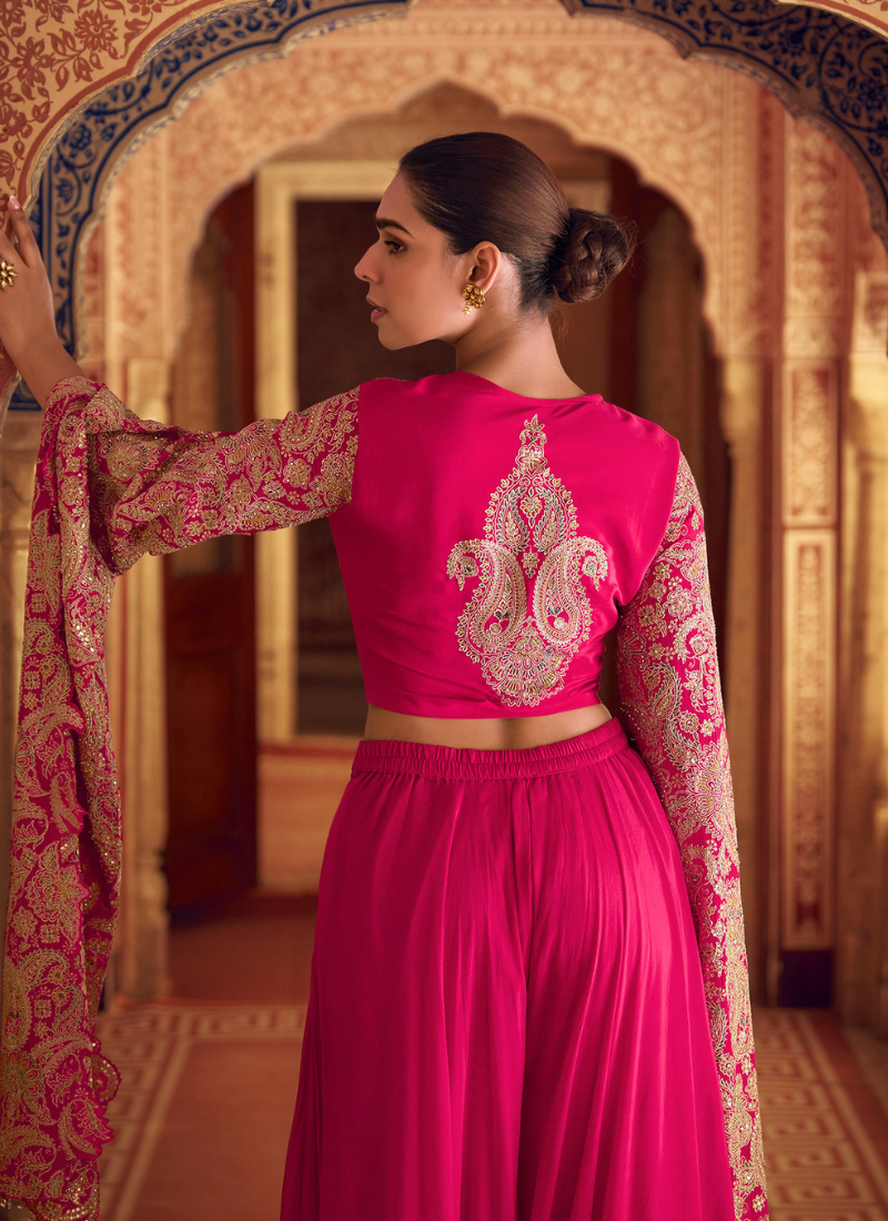 Designer Pink Silk Embroidered Cape Style Plazzo Suit for Indian Festivals and Pakistani Weddings