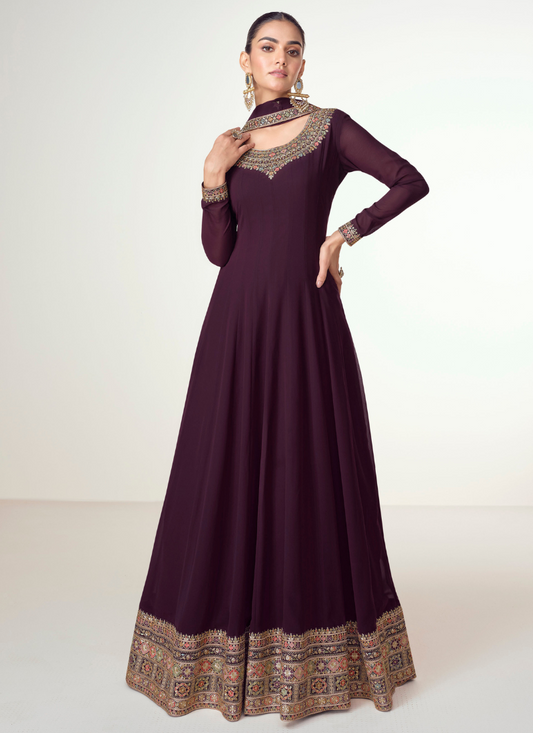 Shop online Maroon Georgette Embroidered Anarkali Gown with Dupatta