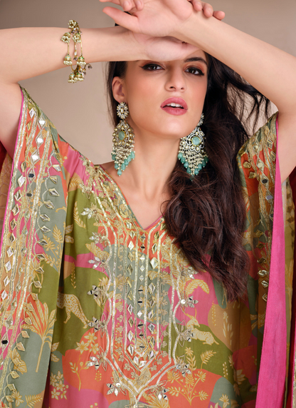 Multicolor Viscose Silk Kaftan with Pink dhoti  for Indian Festival and Pakistani Wedding- Mirror Work