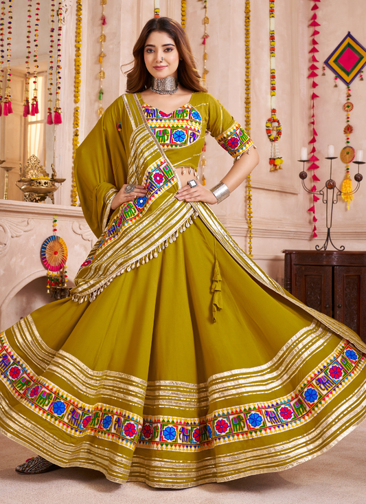 Green Mirror Embroidered Navratri Chaniya Choli with Tassel Dupatta