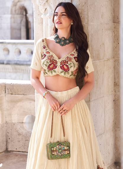 Cream Floral Chinnon Silk Lehenga with Embroidered Blouse and Dupatta – Ideal for Indian and Pakistani Weddings